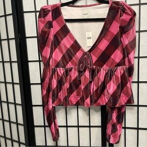 NWT! MAEVE by Anthropologie Plaid Velvet Babydoll Puff Sleeve Top Small